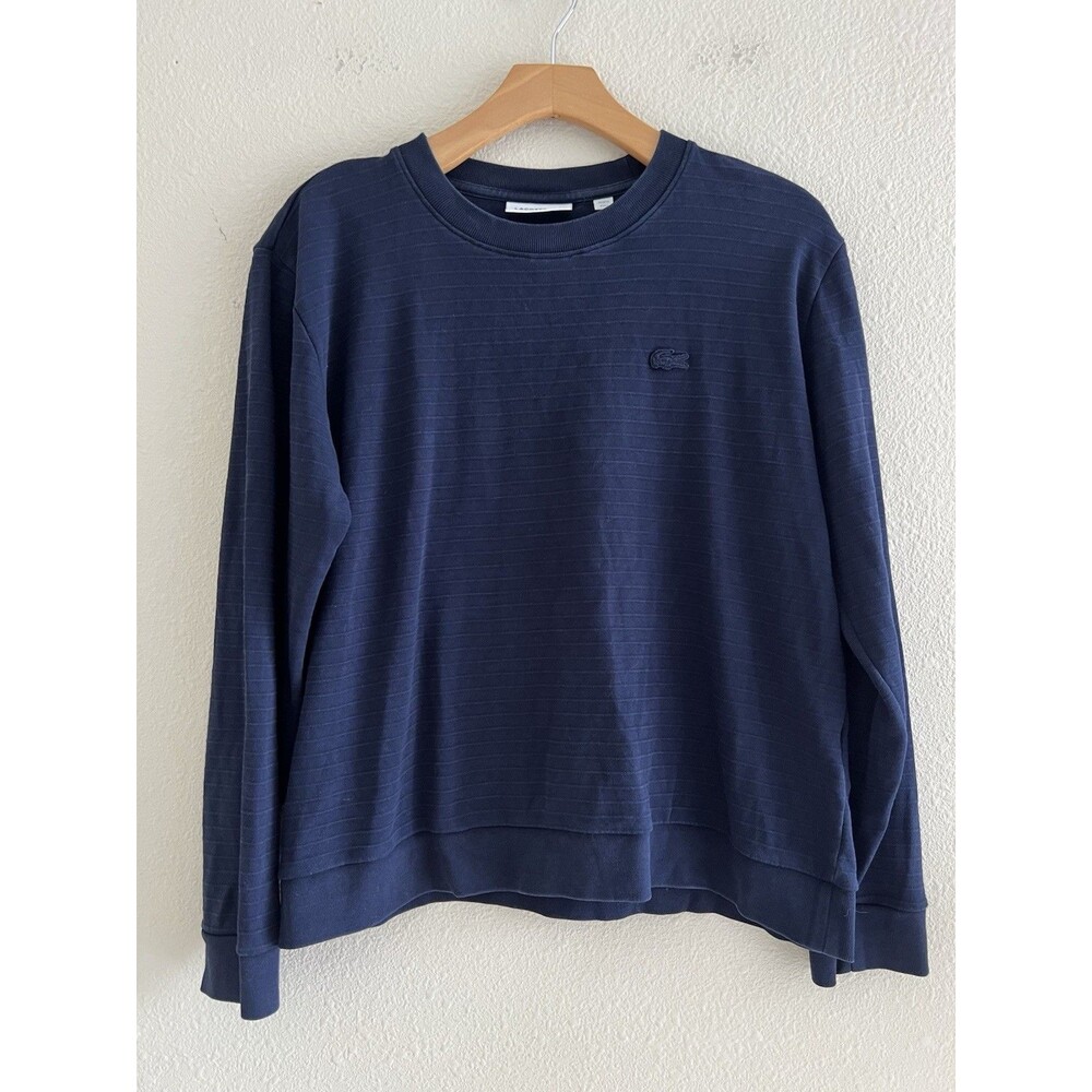 Lacoste Womens XL Size 44 Navy Blue Textured Ribbed Crewneck Sweatshirt Logo